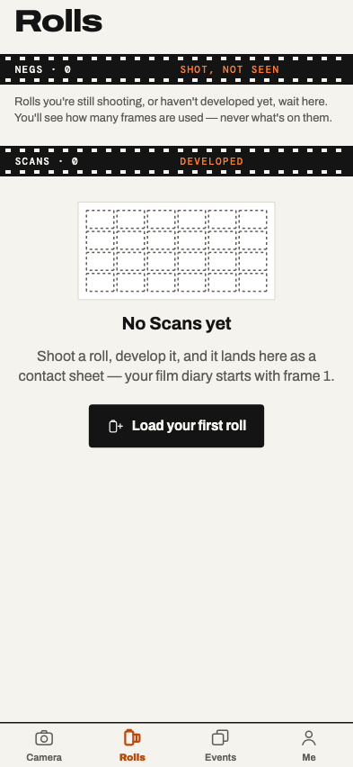 The Rolls tab in the app: Negs for rolls you're still shooting, and Scans for developed contact sheets.